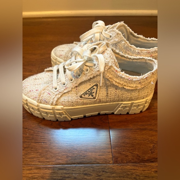 Prada Shoes - Prada Cream and Pink Tweed Lace-Up Sneakers with Subtle Multicolor Flecks